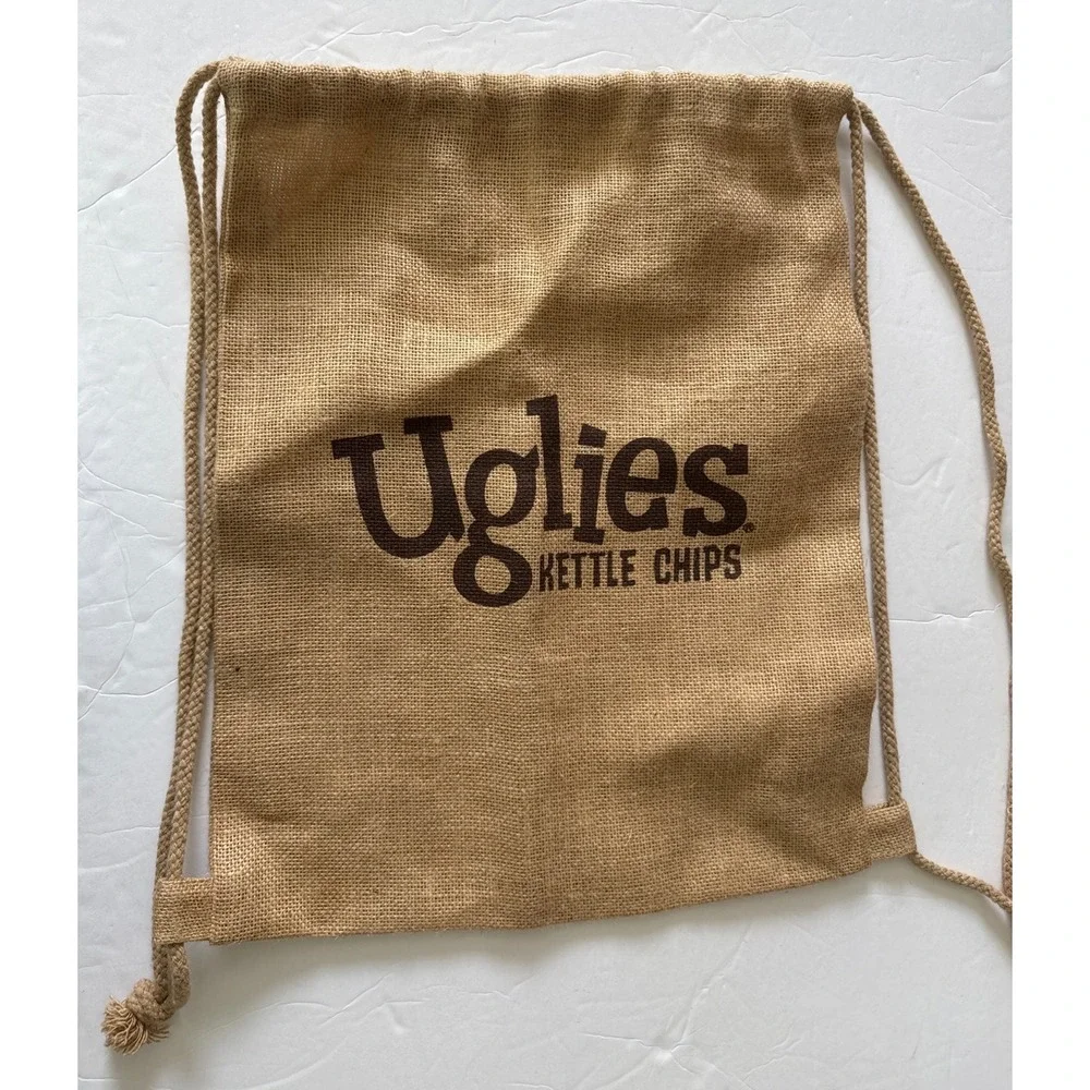 Uglies Kettle Chips Burlap Drawstring Backpack Tan Woven Cinch Bag Promotional